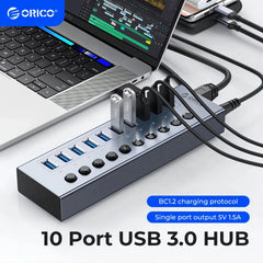 Powered USB Hub Splitter Socket with Multi USB 3.0 Port Slot Plug On-Off Key Switch Dock Power Strip Adapter for PC Lapto