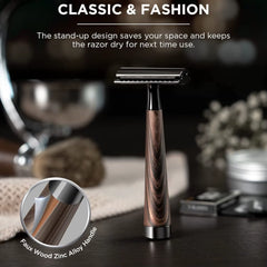 Double Edge Safety Razor, Faux Wood Zinc Alloy Handle Razor with 5 Swiss Stainless Steel Blades, Heavy Duty Eco-Friendly Razor F