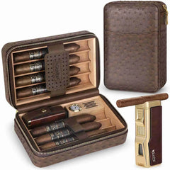 Cigar Humidor Box Cigar Lighter Cedar Wood Lined Leather Cigar Case Built in Hygrometer Humidifier with Cigar Holder Kit