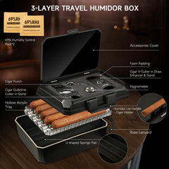 Portable Travel Humidor Box with 2 Cigar Cutters 1 Cigar Punch Hygrometer - Complete Cigar Accessories Set for On-The-Go Smoking