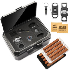 Portable Travel Humidor Box with 2 Cigar Cutters 1 Cigar Punch Hygrometer - Complete Cigar Accessories Set for On-The-Go Smoking