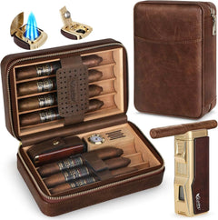 Cigar Humidor Box Cigar Lighter Cedar Wood Lined Leather Cigar Case Built in Hygrometer Humidifier with Cigar Holder Kit