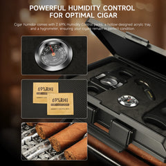 Portable Travel Humidor Box with 2 Cigar Cutters 1 Cigar Punch Hygrometer - Complete Cigar Accessories Set for On-The-Go Smoking