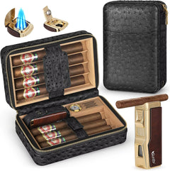Cigar Humidor Box Cigar Lighter Cedar Wood Lined Leather Cigar Case Built in Hygrometer Humidifier with Cigar Holder Kit