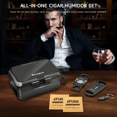 Portable Travel Humidor Box with 2 Cigar Cutters 1 Cigar Punch Hygrometer - Complete Cigar Accessories Set for On-The-Go Smoking