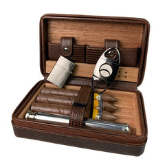 Cigar Case 4- Cigars Tubes Leather Travel Portable Humidor with Cedar Wood Lined with Stainless Steel Cigars Cutter
